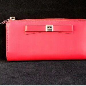 Kate Spade Coral Red Leather Zip Around Wallet — Large Bow Designer Wallet